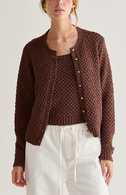 Crescent Basket Weave Knit Cardigan Tank Two Piece  Set In Brown