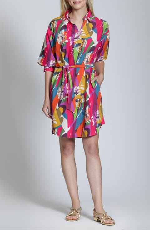 Print Cotton Belted Shirtdress