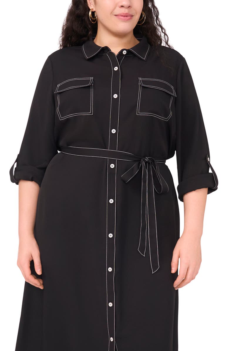 Vince Camuto Long Sleeve Contrast Stitch Shirtdress, Alternate, color, Rich Black