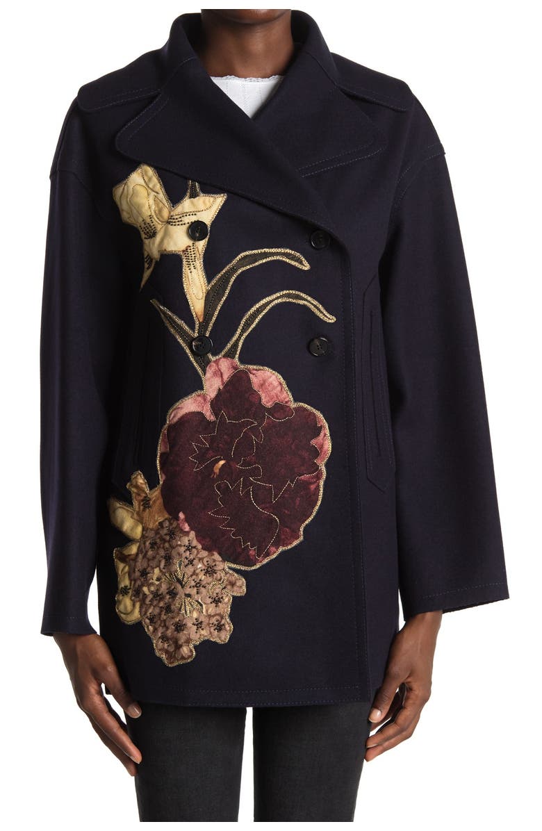 Valentino Caban Floral Embellished Double-Breasted Coat, Alternate, color, 