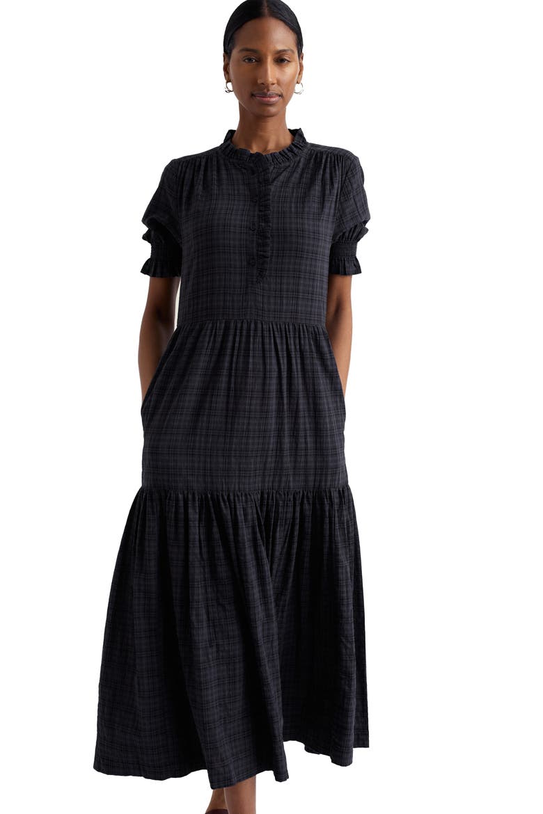 Feather Star Puff Sleeve Tiered Organic Cotton Blend Dress, Alternate, color, INKWELL