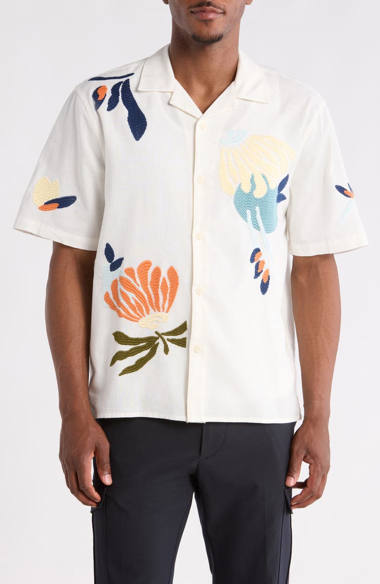 Wax London Didcot Embroidered Cotton & Linen Camp Shirt, Alternate, color, Ecru / Multi