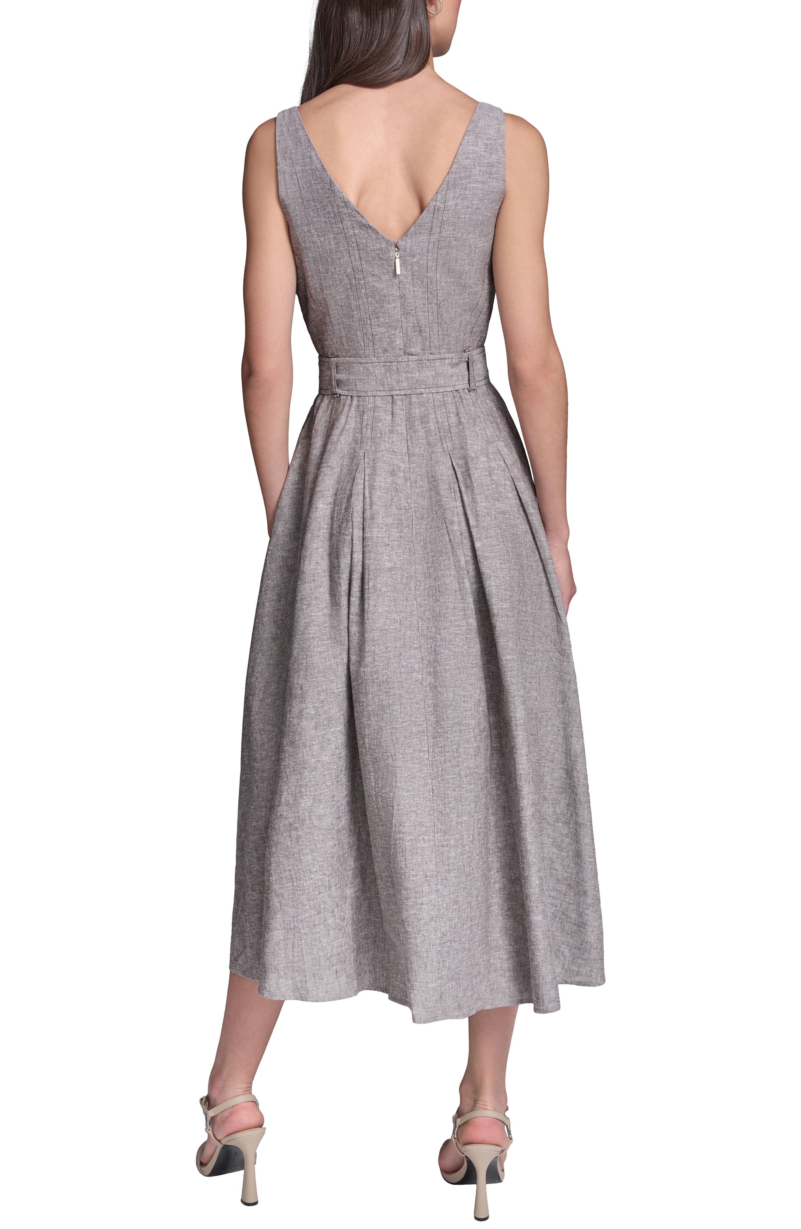 linen blend belted midi dress Women's Linen Blend Belted Midi Dress, Chocolate