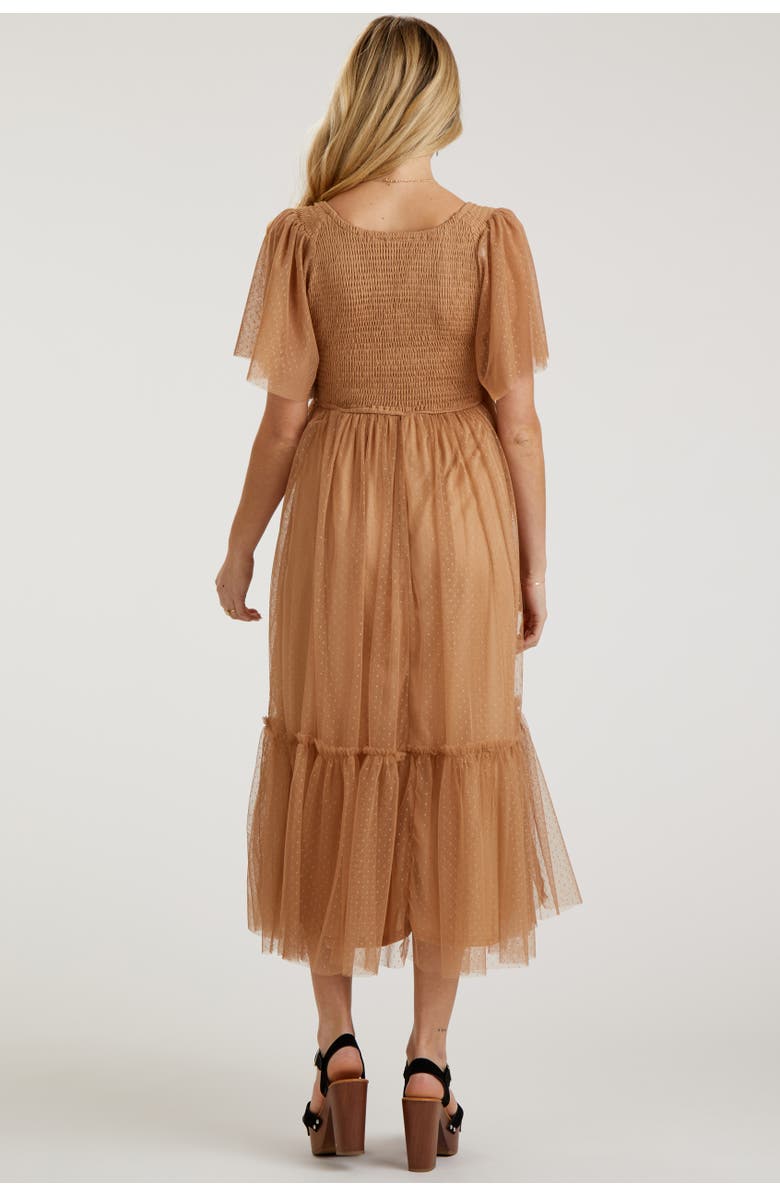 PinkBlush Dotted Tulle Smocked Maternity Midi Dress, Alternate, color, Camel