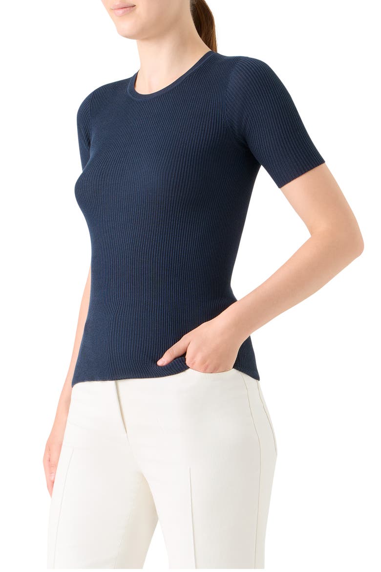 Short Sleeve Silk & Cotton Rib Sweater, Alternate, color, NAVY