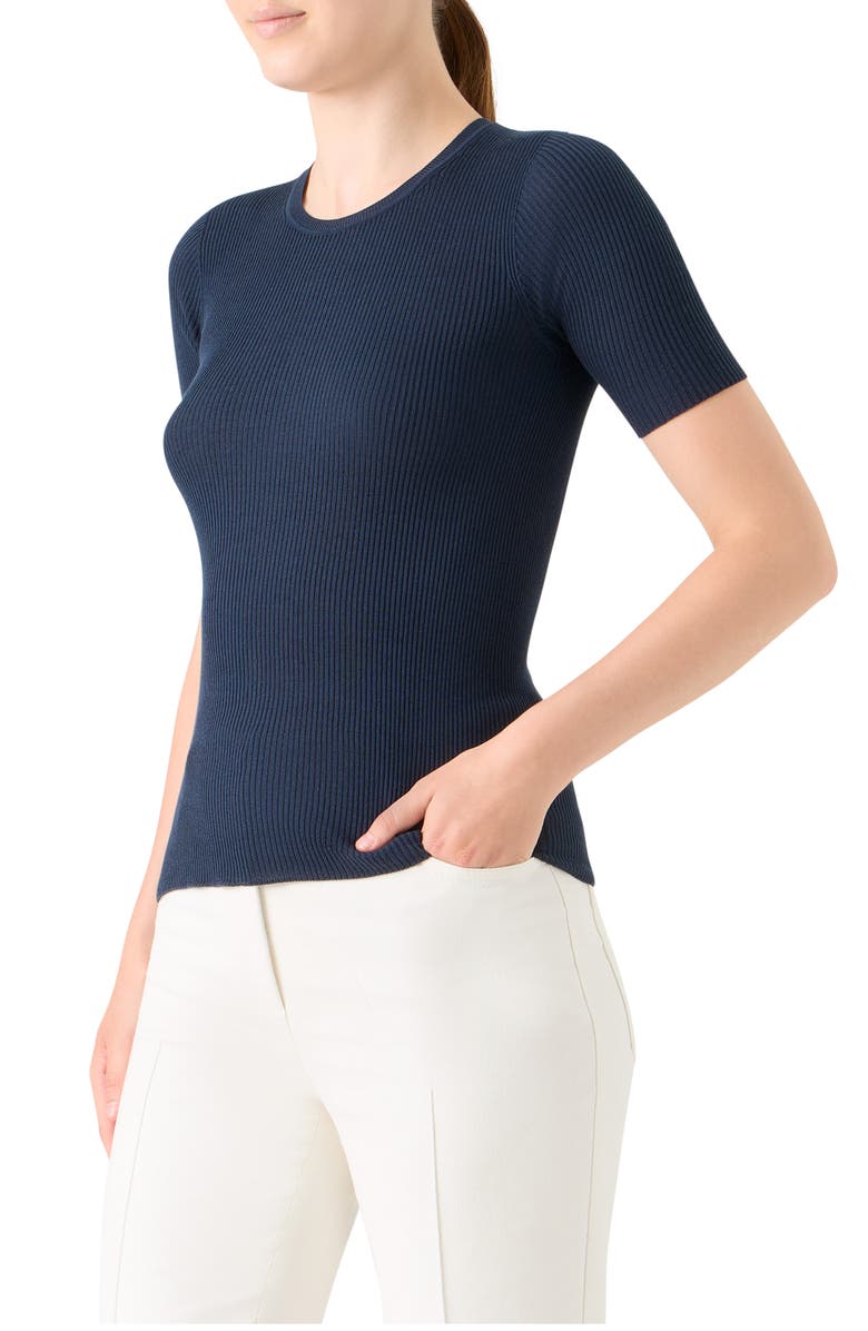 Akris Short Sleeve Silk & Cotton Rib Sweater, Alternate, color, Navy