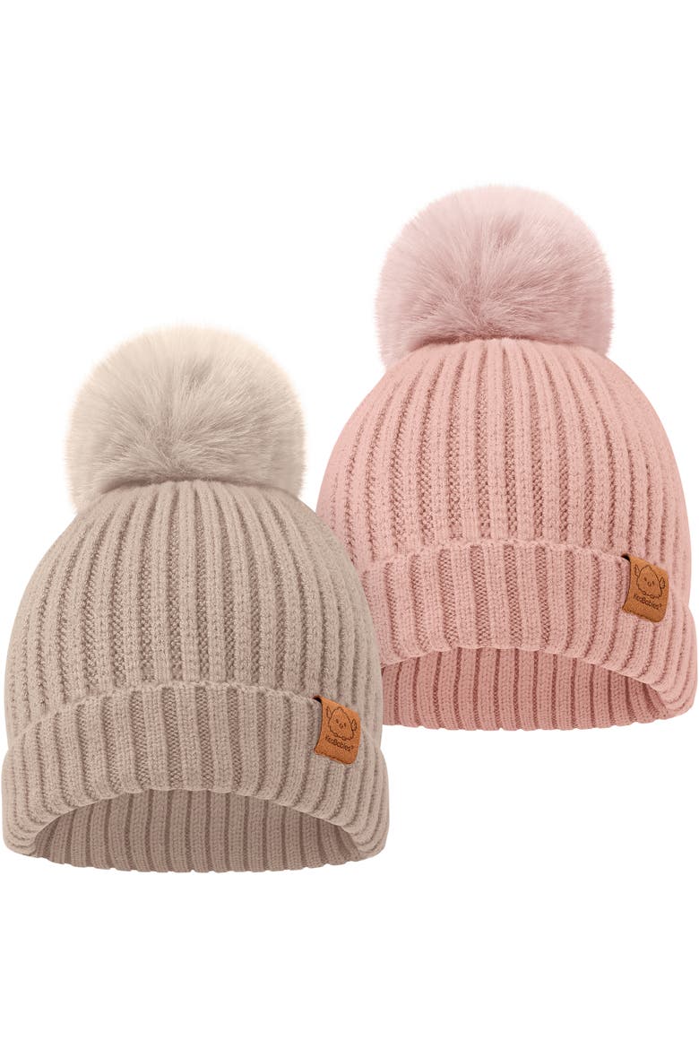 2-Pack Pom Knitted Beanie, Main, color, Fawn