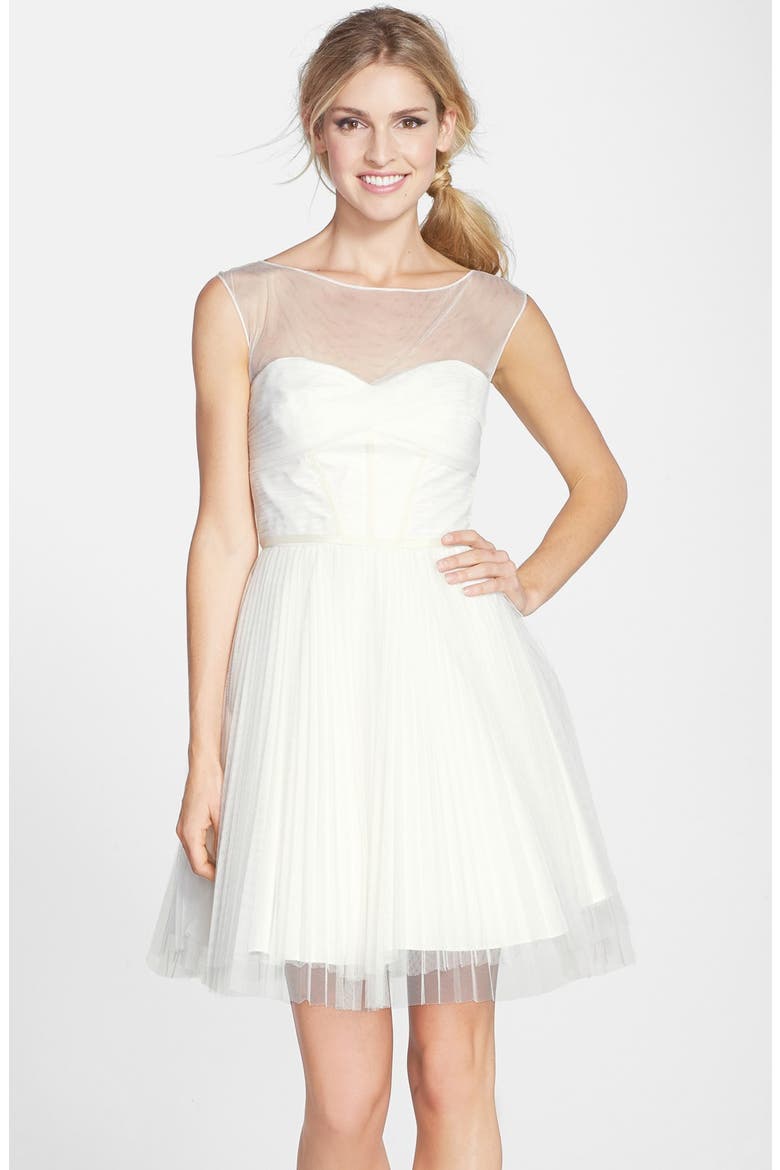 Illusion Yoke Tulle Fit & Flare Dress, Main, color, IVORY