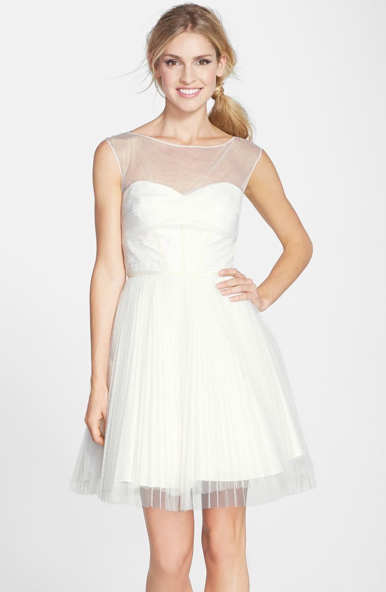 Monique Lhuillier Bridesmaids Illusion Yoke Tulle Fit & Flare Dress, Main, color, 
