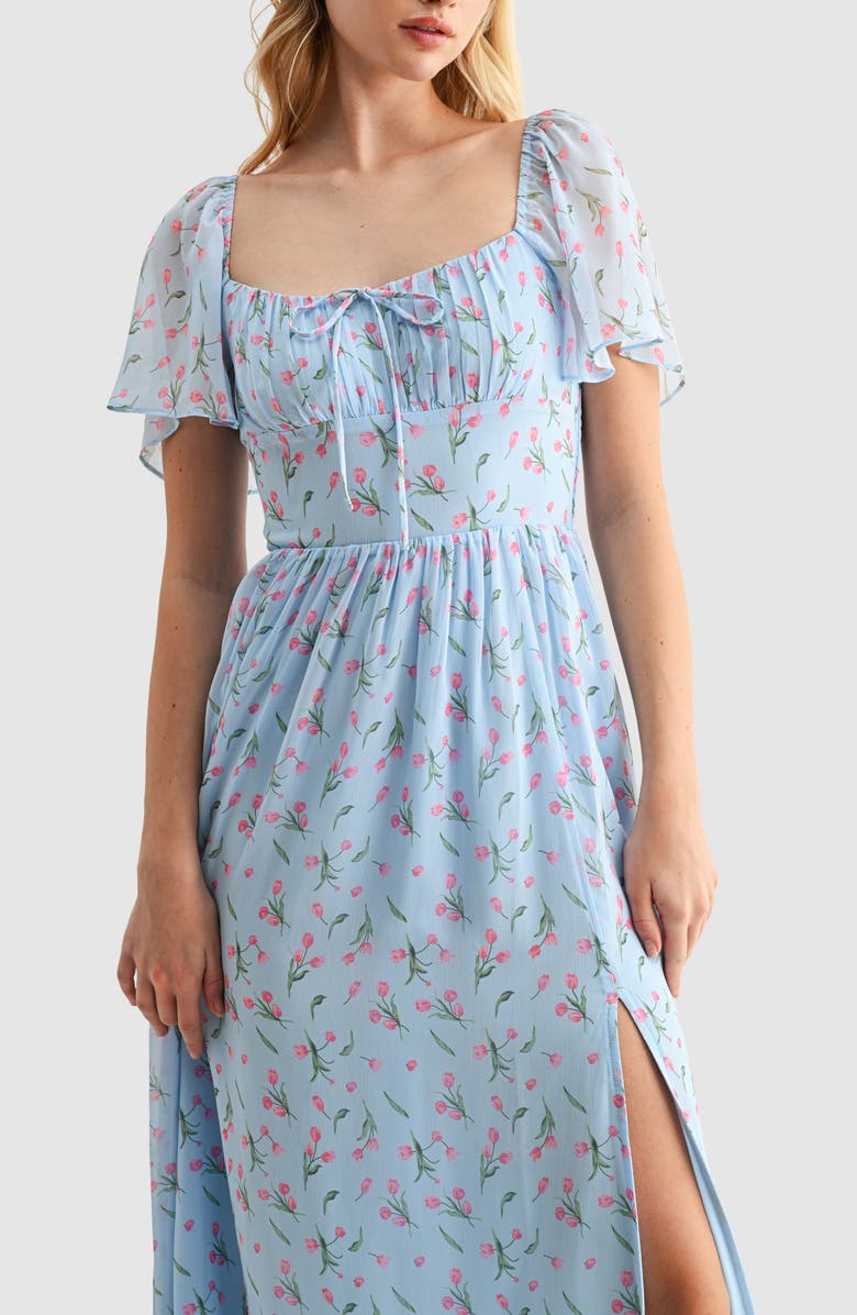 All in Favor Floral Butterfly Sleeve Midi Dress, Alternate, color, Light Blue Tulip