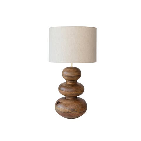 14 Inches Mango Wood Table Lamp with Linen Shade and Inline Switch for 40 Watts Maximum, Natural