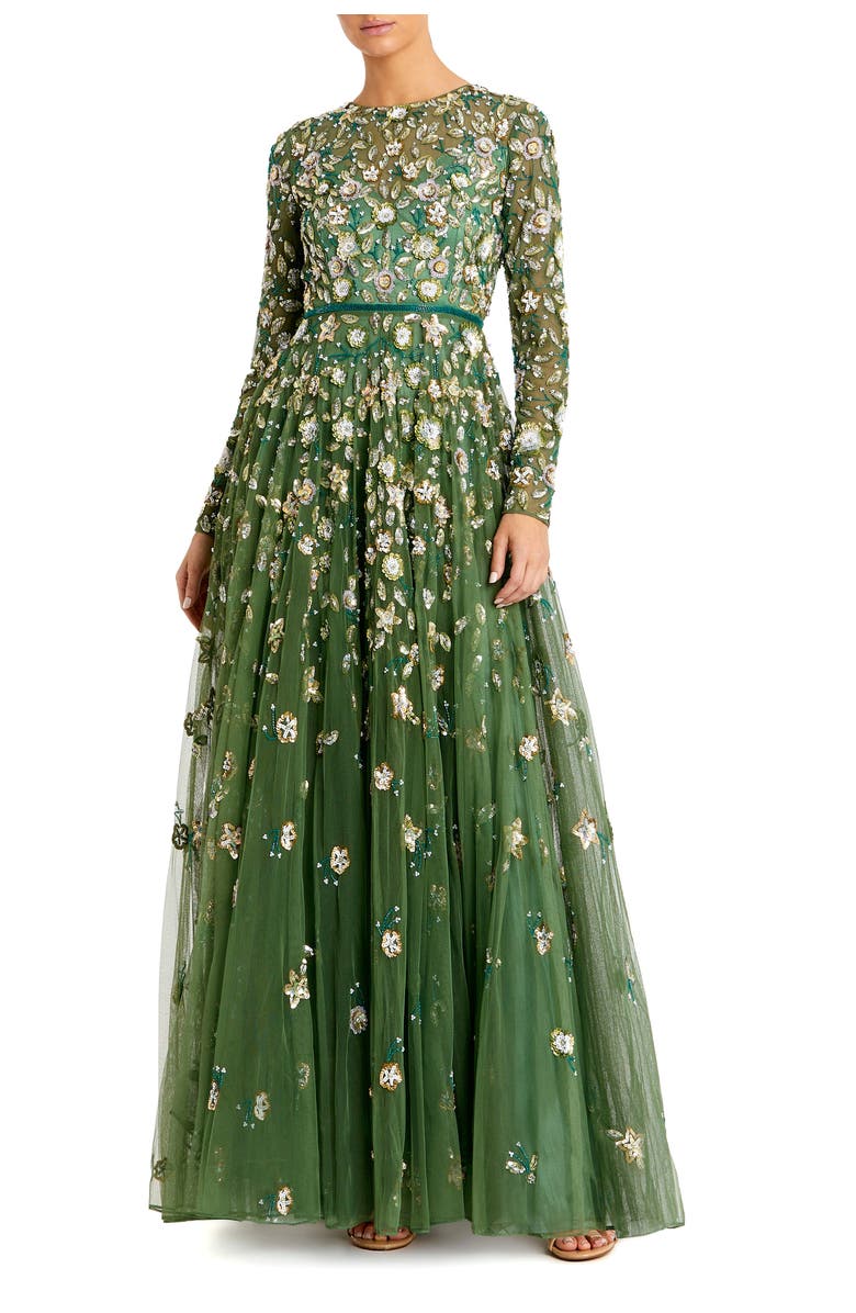 Mac Duggal Petite Embellished High Neck Long Sleeve A-Line Gown, Main, color, Sage