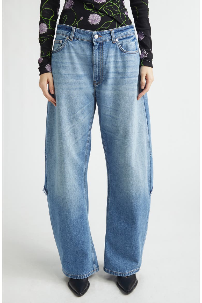 Deconstructed Curved Barrel Leg Jeans, Main, color, MID BLUE