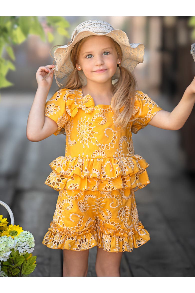 Golden Bloom Eyelet Puff Sleeve Top and Ruffle Girls Shorts Set, Alternate, color, Yellow