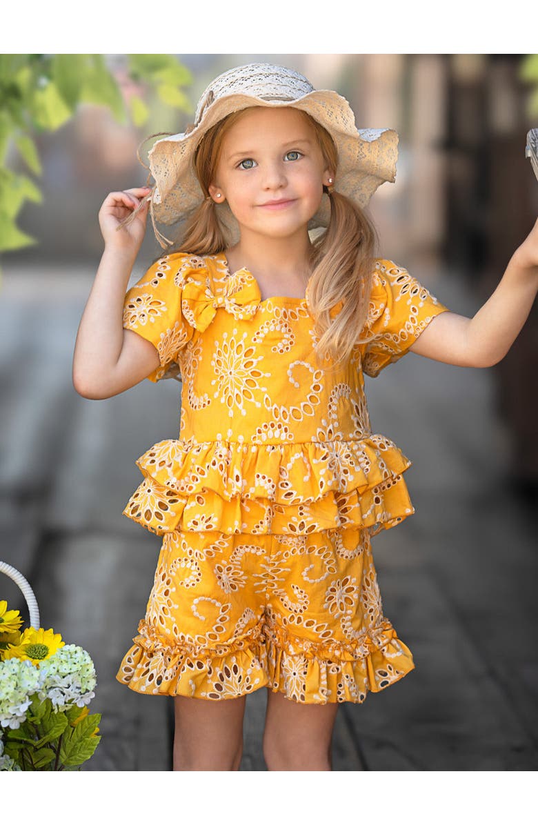 Mia Belle Girls Golden Bloom Eyelet Puff Sleeve Top and Ruffle Girls Shorts Set, Alternate, color, Yellow