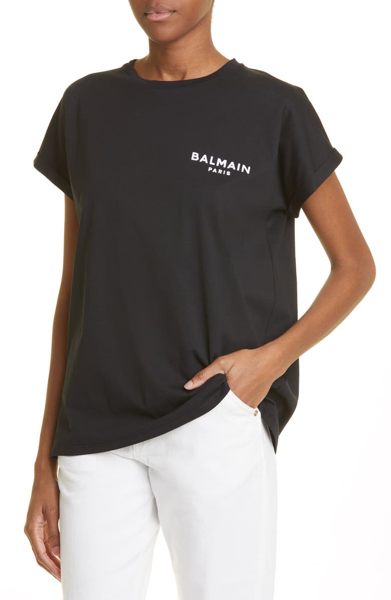 Balmain Flocked Logo Cotton Graphic T-Shirt, Alternate, color,