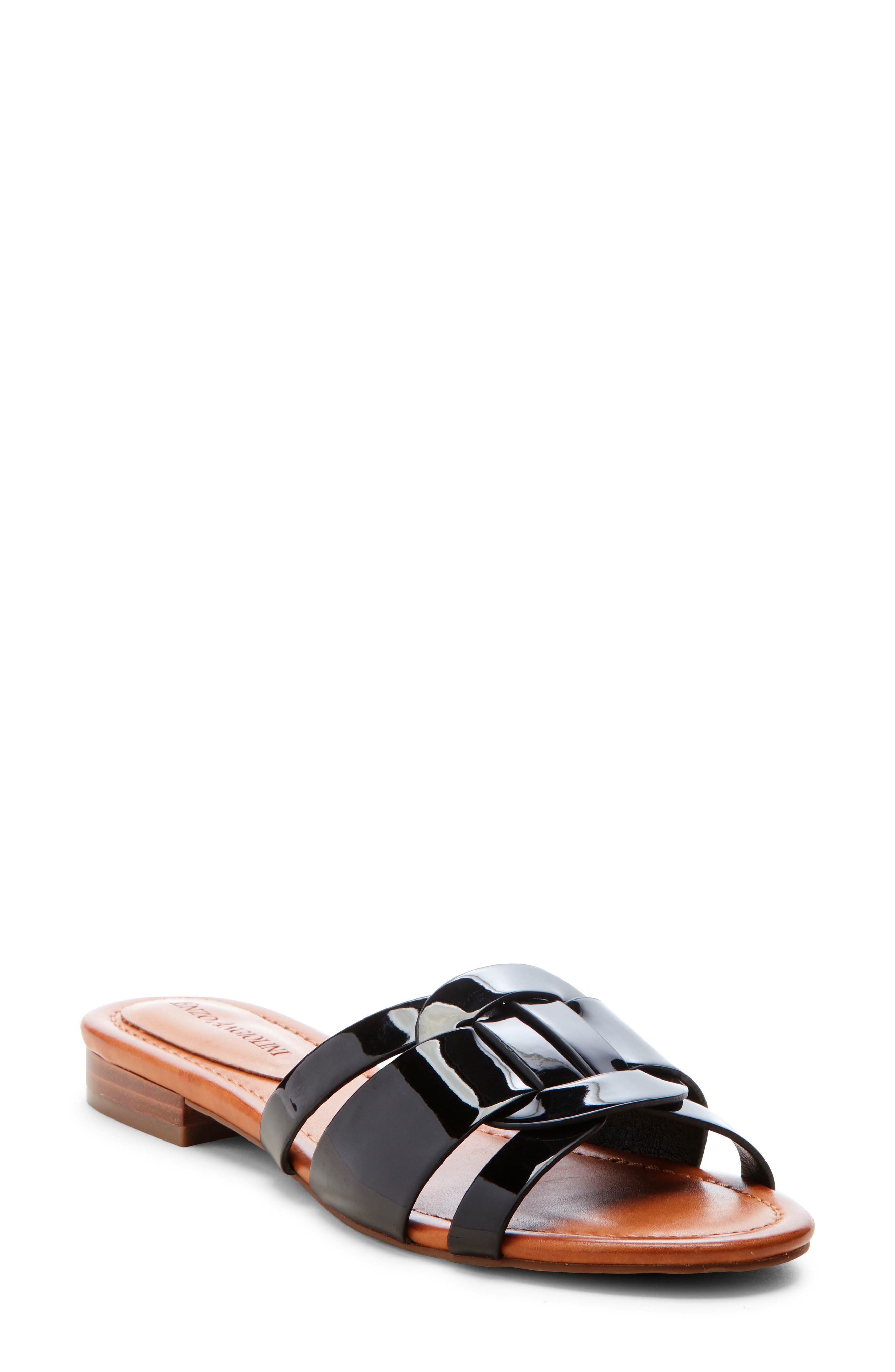 Golda Slide Sandal, Main, color, BLACK FAUX PATENT