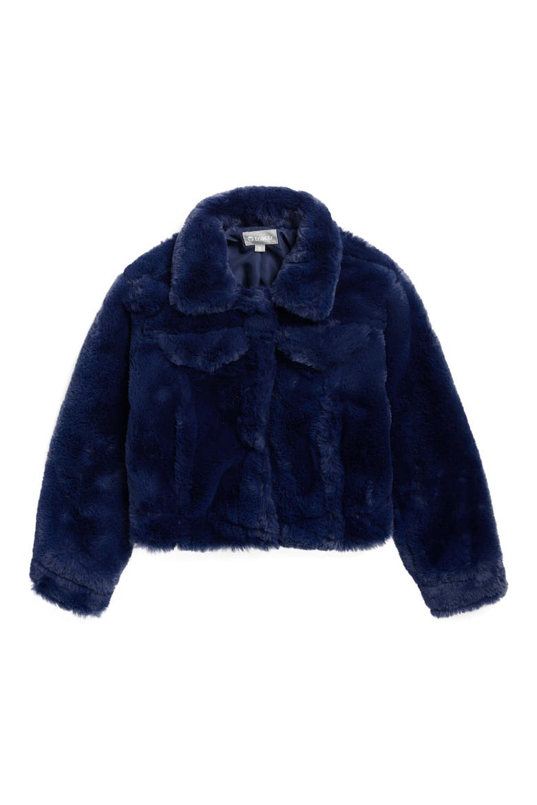 Kids' Cow Print Faux Fur Trucker Jacket, Main, color, SAPPHIRE