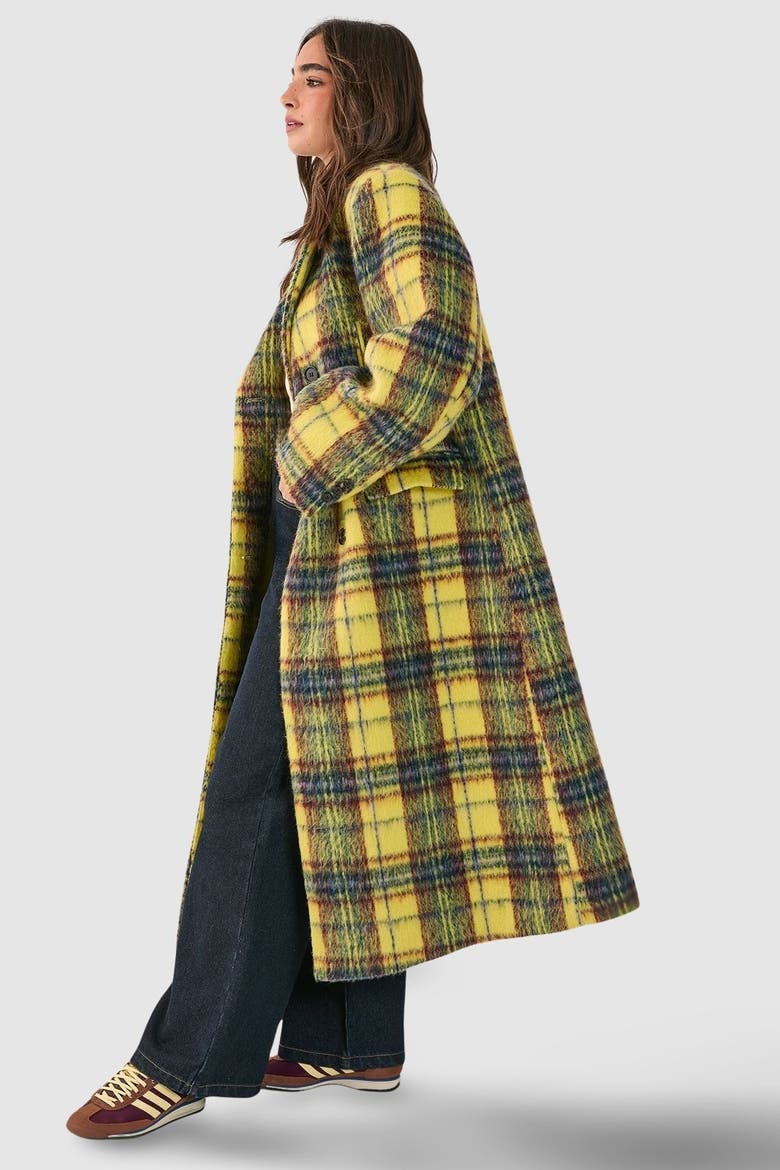 Checked Wool Blend Maxi Coat, Alternate, color, Yellow