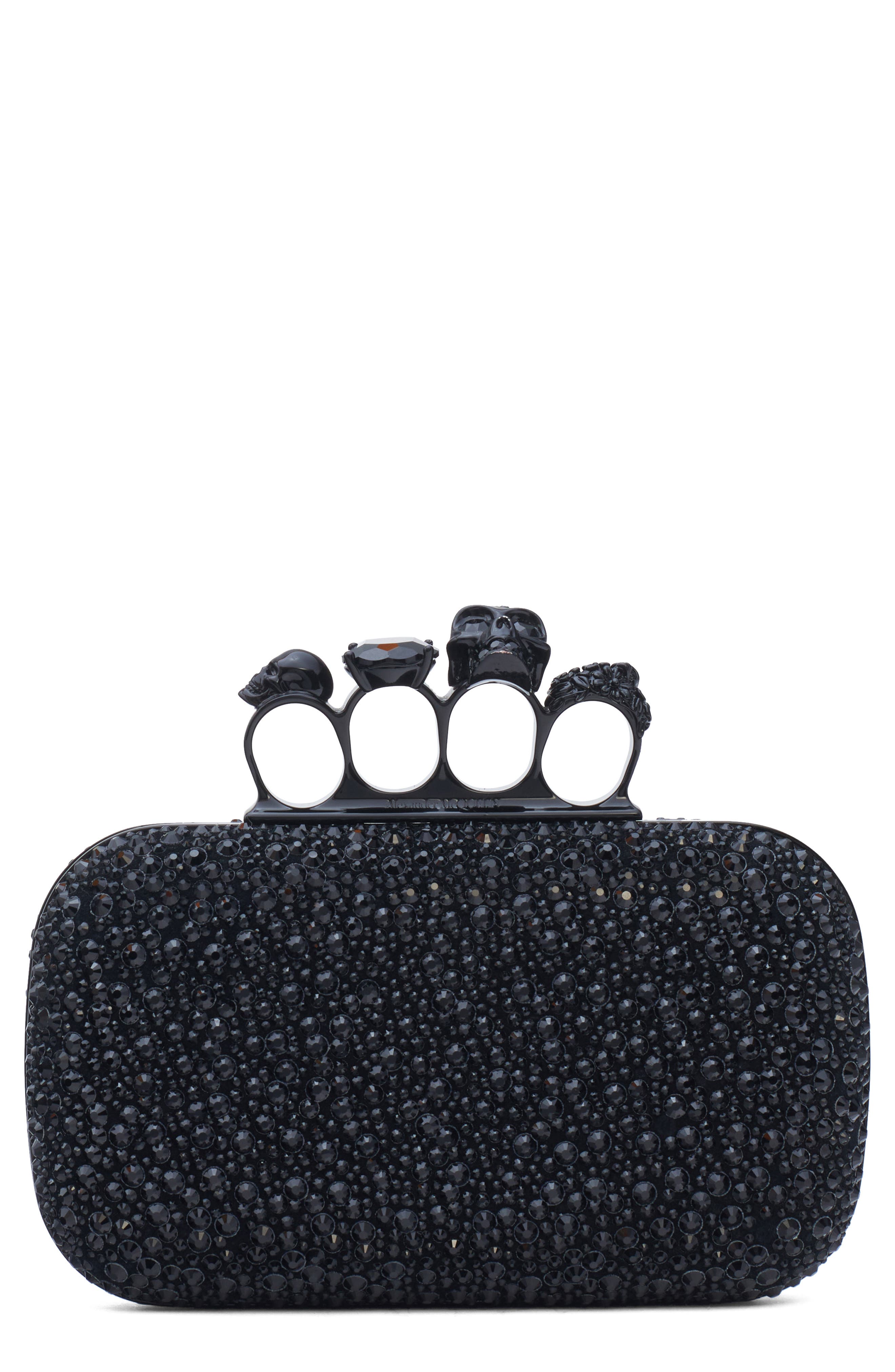 McQueen Skull Crystal Embellished Four-Ring Box Clutch, Main, color, Black/Black