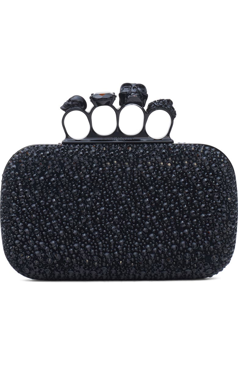 McQueen Skull Crystal Embellished Four-Ring Box Clutch, Main, color, Black/Black