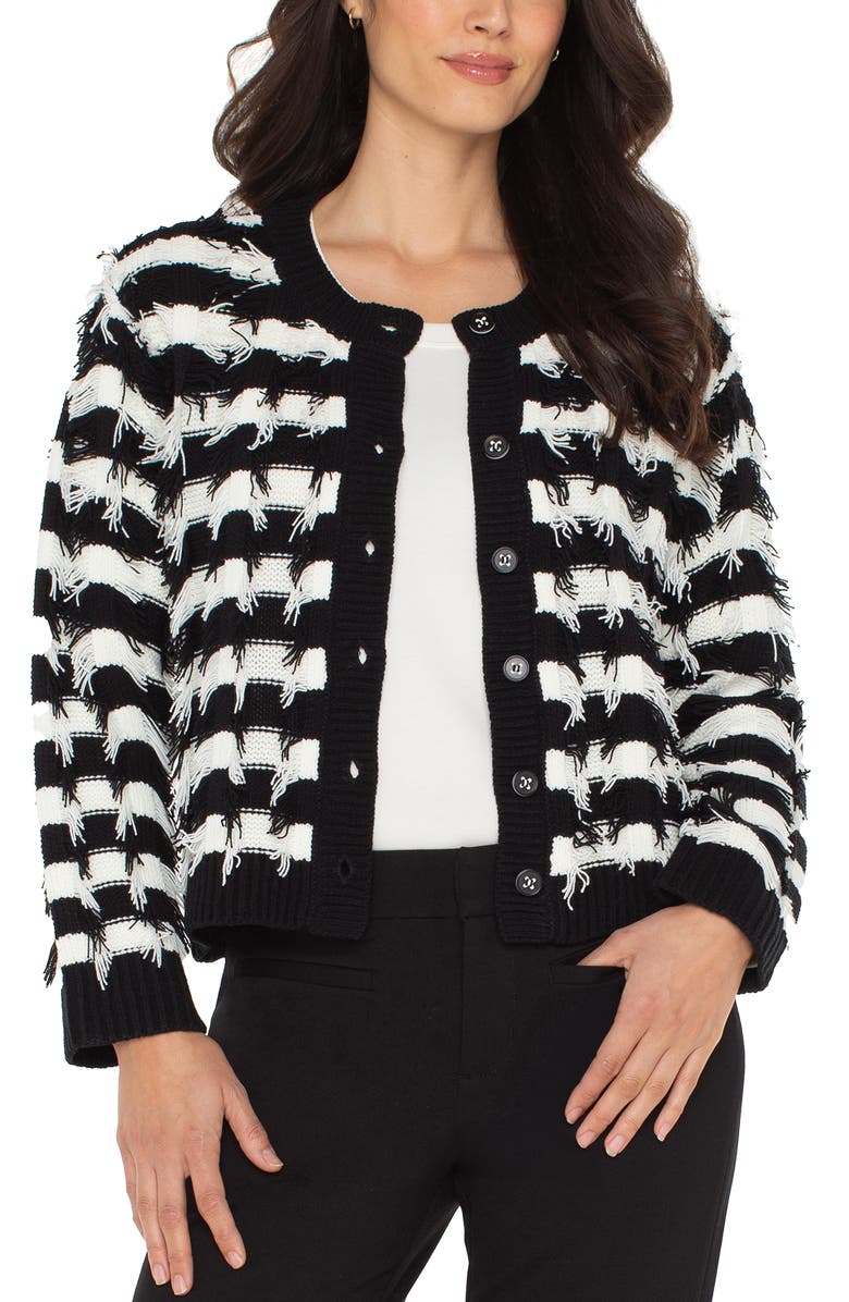 Liverpool Los Angeles Fringe Detail Stripe Sweater, Main, color, Black White Stripe