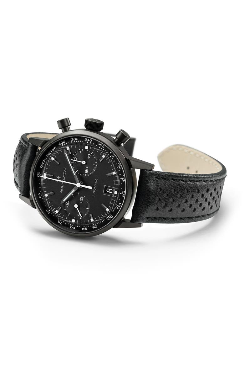 American Classic Intramatic Leather Strap Watch, 40mm, Alternate, color, BLACK