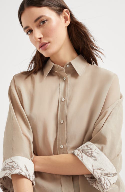 Brunello Cucinelli Women Cotton Organza Shirt With Glistening Flora Embroidery In Beige