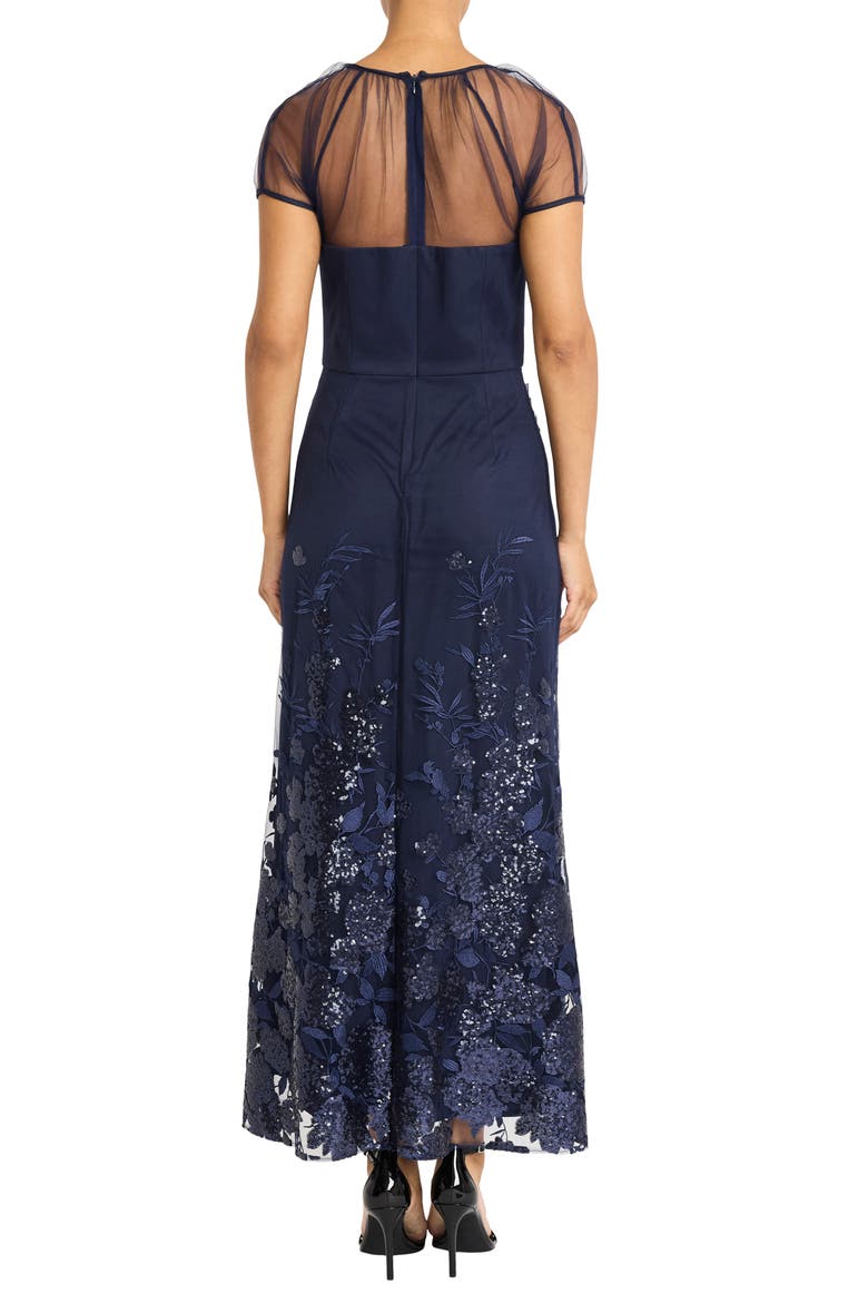 Floral Appliqué Detail Mesh Gown, Alternate, color, NAVY