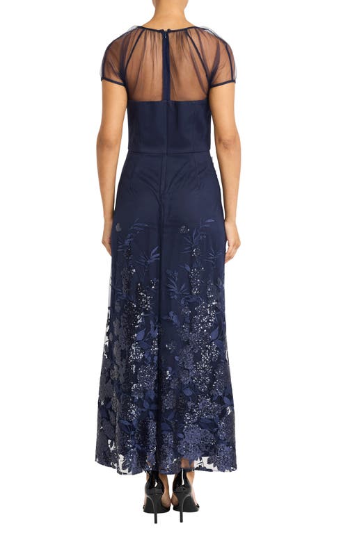 Maggy London Floral Appliqué Detail Mesh Gown In Navy