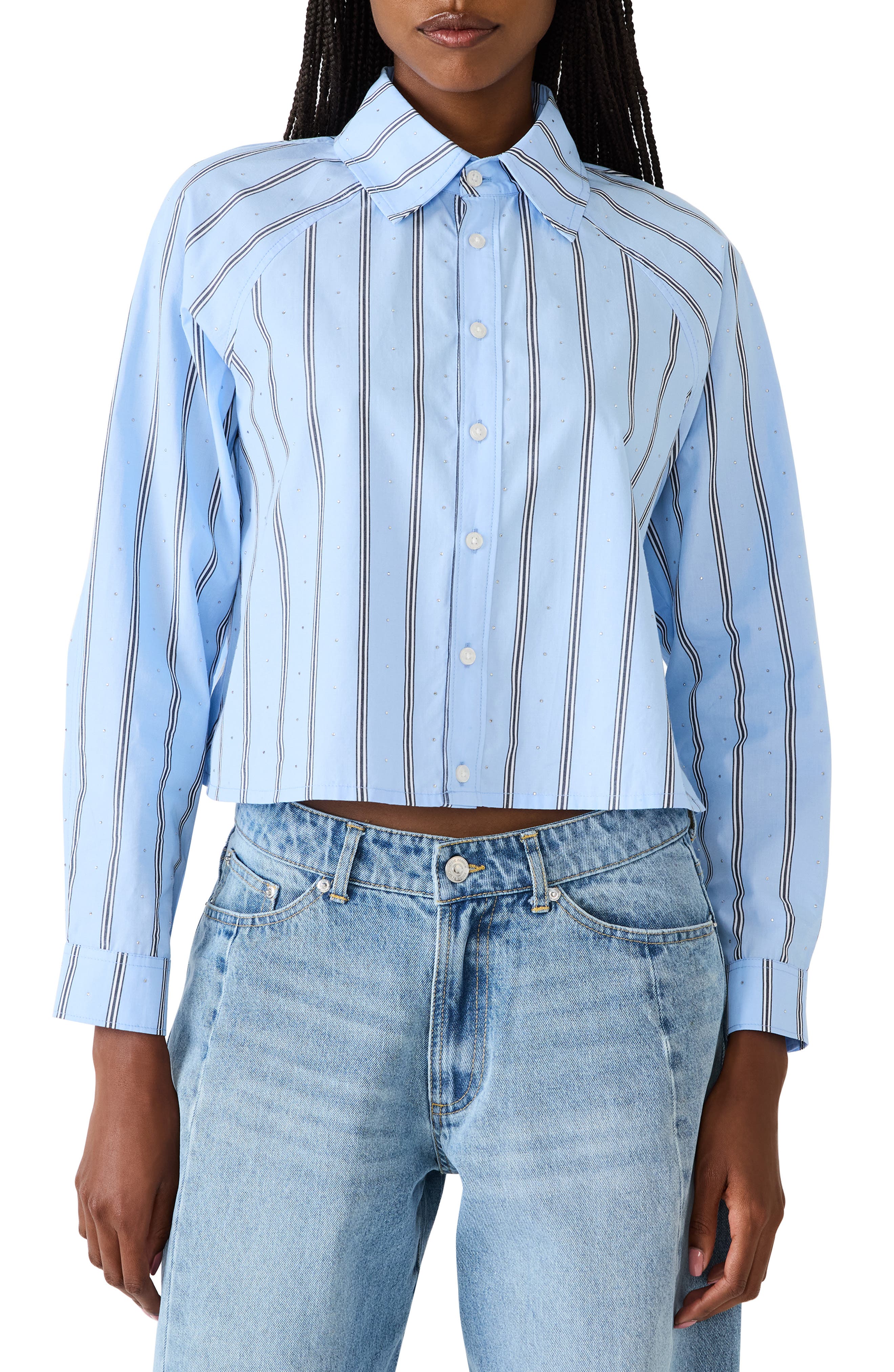 Tess Stripe Embellished Button-Up Crop Top