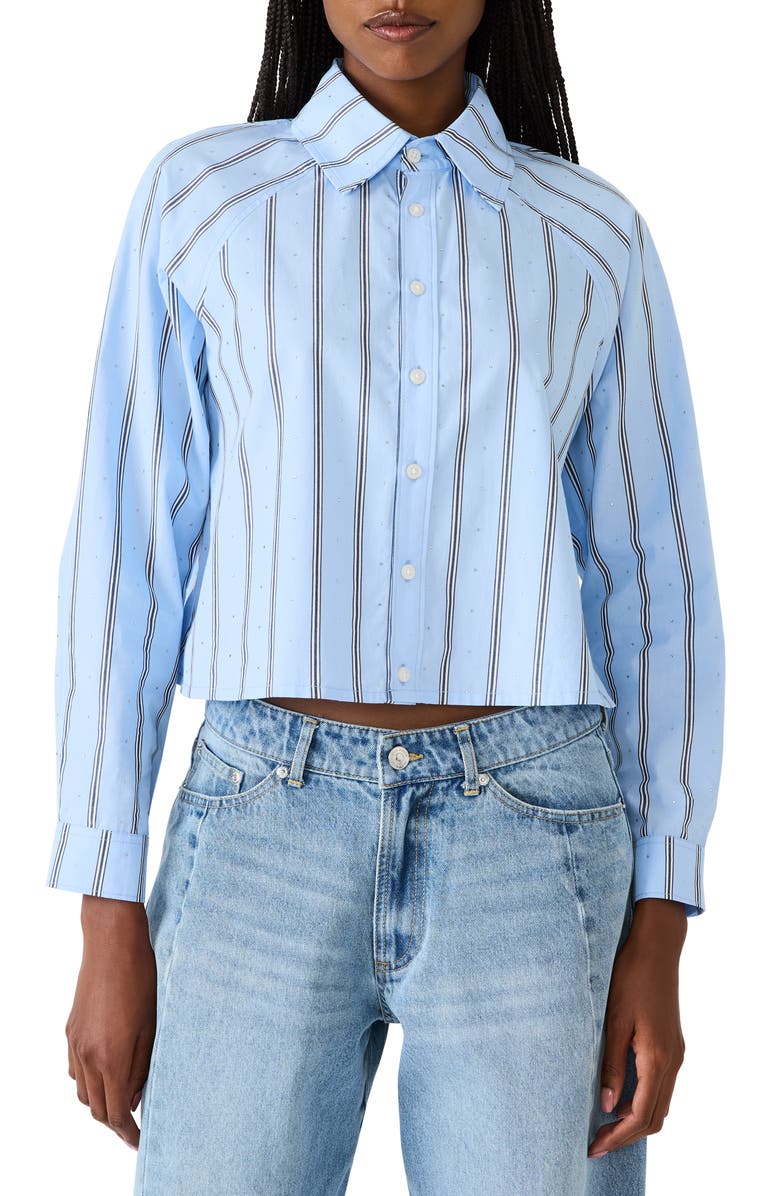 Steve Madden Tess Stripe Embellished Button-Up Crop Top, Main, color, Estate Blue