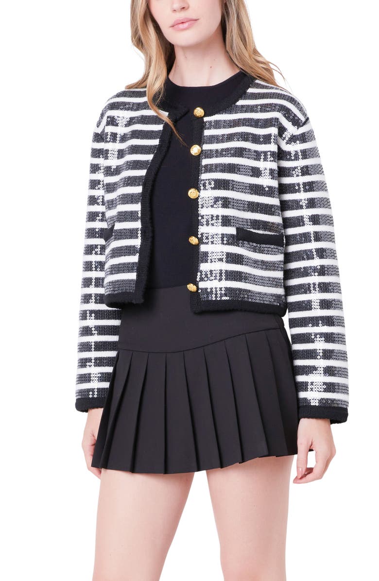 English Factory Sequin Stripe Cardigan, Alternate, color, Black/ Ivory