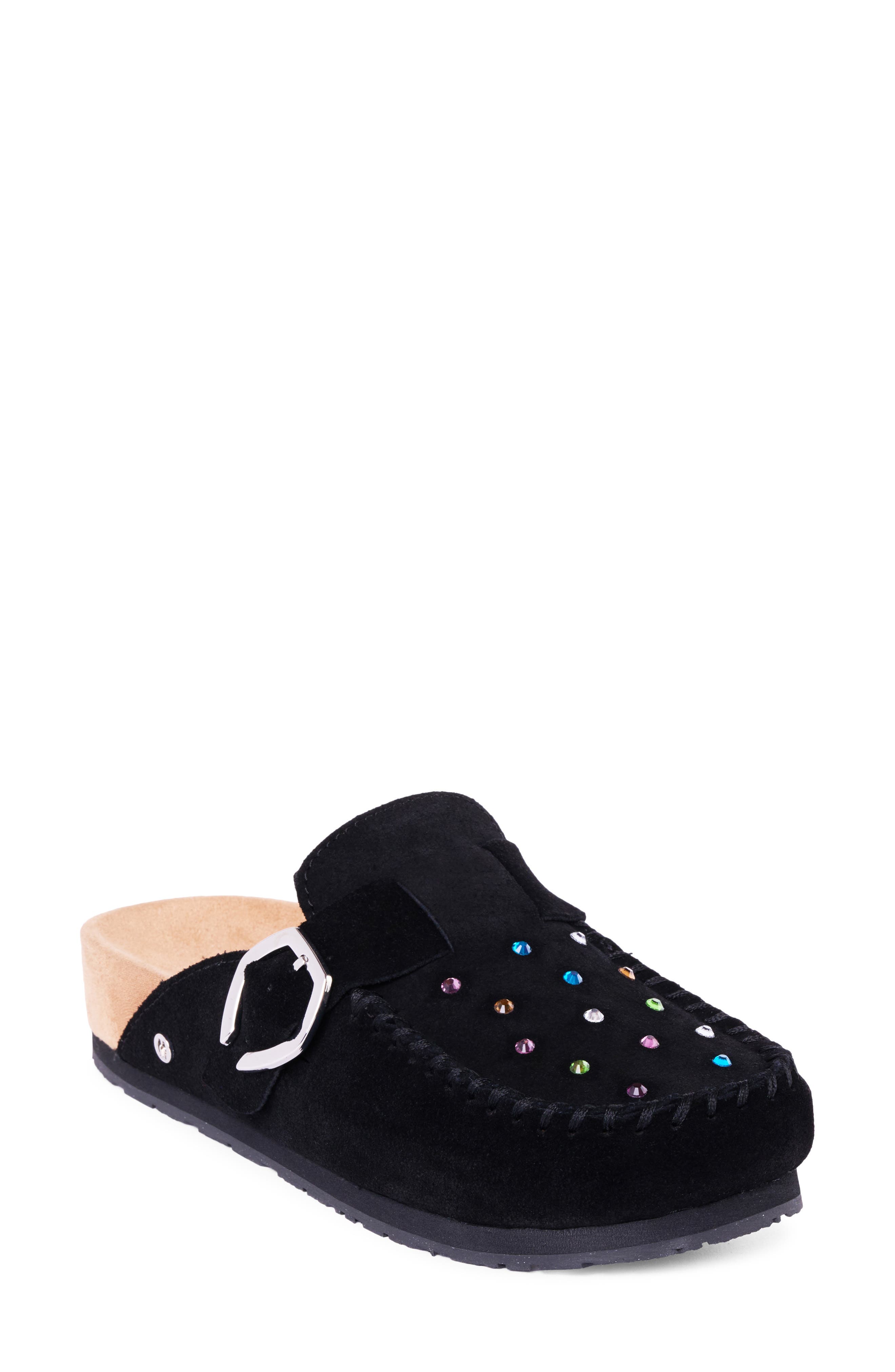 Rhinestone Buckle Clog, Main, color, BLACK