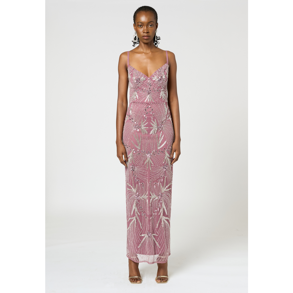 Shop Beauut Occasion Embellished Sequin Beaded Adjustable Strap Evening Dress In Mauve