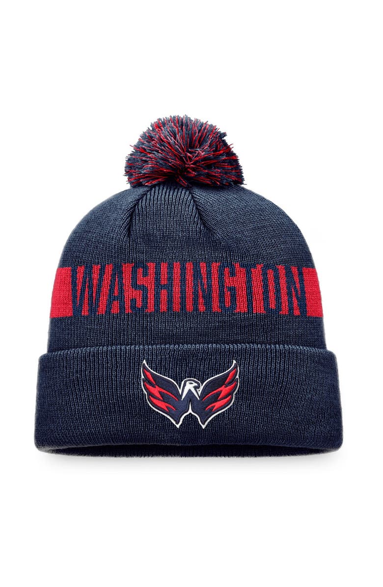 FANATICS Men's Fanatics Branded Navy Washington Capitals Fundamental Patch Cuffed Knit Hat with Pom, Main, color, 
