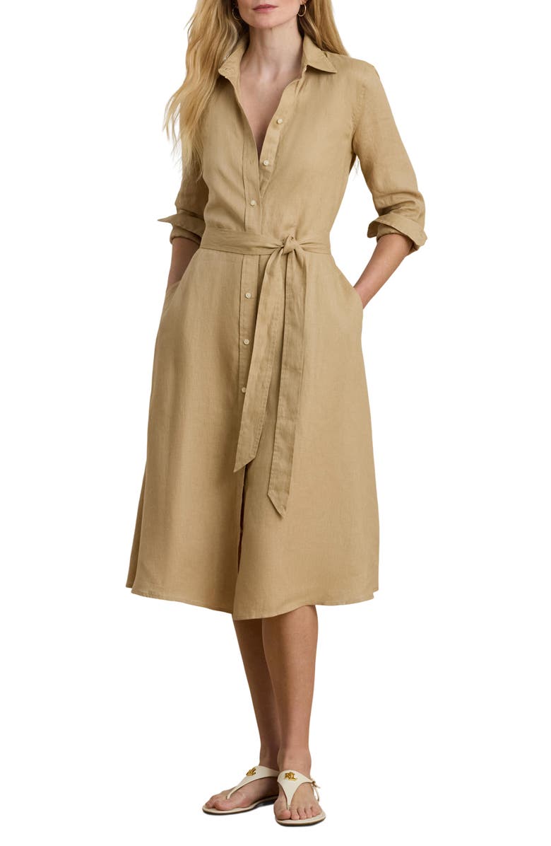 Lauren Ralph Lauren Belted Linen Shirtdress, Main, color, Birch Beige