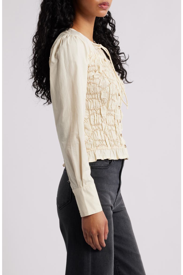Elliana Smocked Organic Cotton Cardigan, Alternate, color, BUTTER