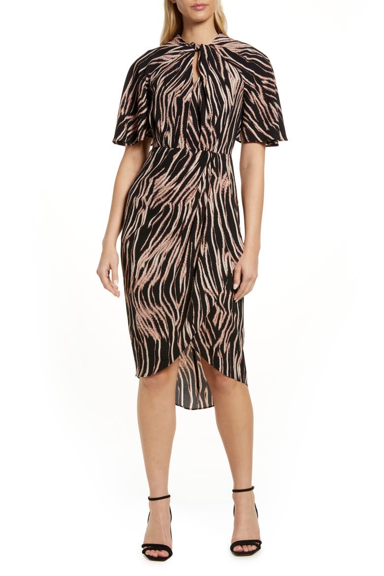 Abstract Stripe Knot Neck Midi Dress, Main, color, BLACK/ CINNAMON SWIRL