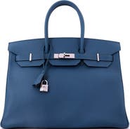 Pre-Owned Hermes Birkin Handbag Blue Epsom with Palladium Hardware 35
