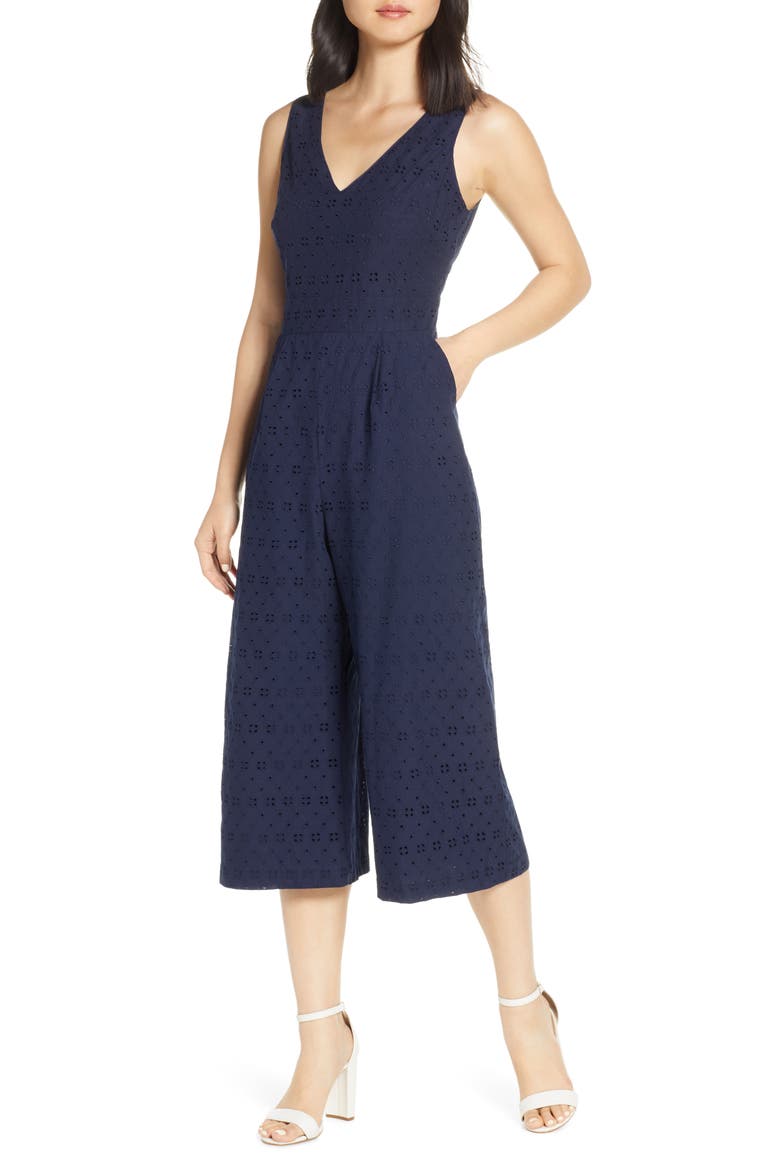 Cotton Eyelet Sleeveless Crop Wide Leg Jumpsuit, Main, color, NAVY