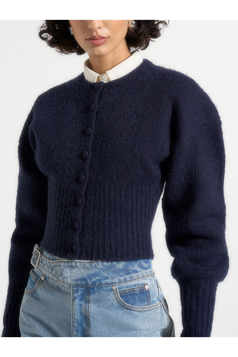 Mayla Fitted Cinch Knitted Cardigan, Alternate, color, Navy