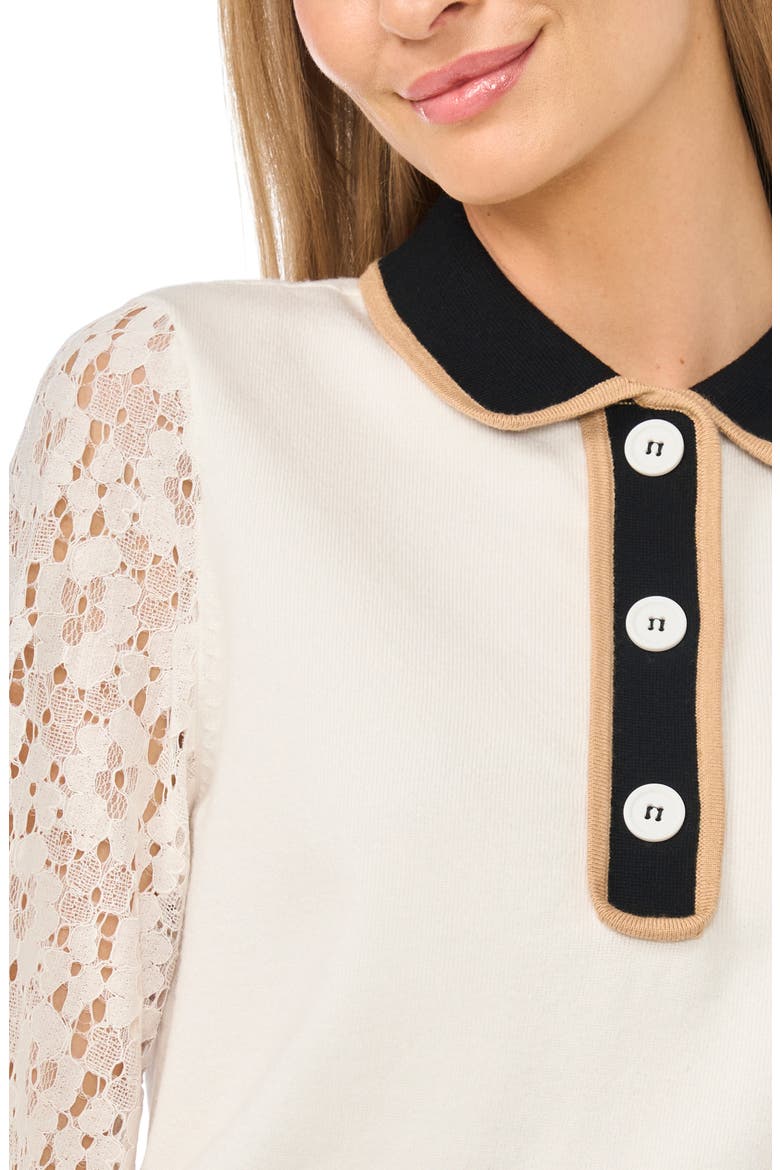Lace Sleeve Polo Sweater, Alternate, color, ANTIQUE WHITE