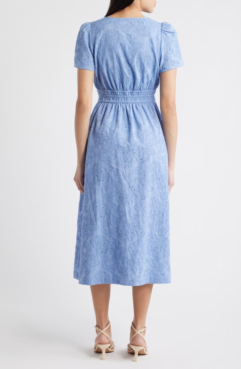 Anne Klein Embroidered Short Sleeve Cotton Midi Dress, Alternate, color, Surf Blue