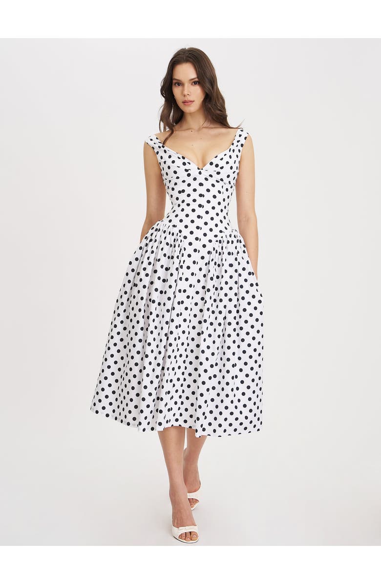 Miss Circle Rahma Polka Dot Drop Waist Midi Cotton Poplin Dress, Alternate, color, White With Polka Dot Print