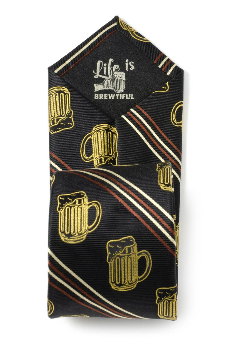 Beeraficionado Stripe Silk Blend Tie, Alternate, color, BROWN