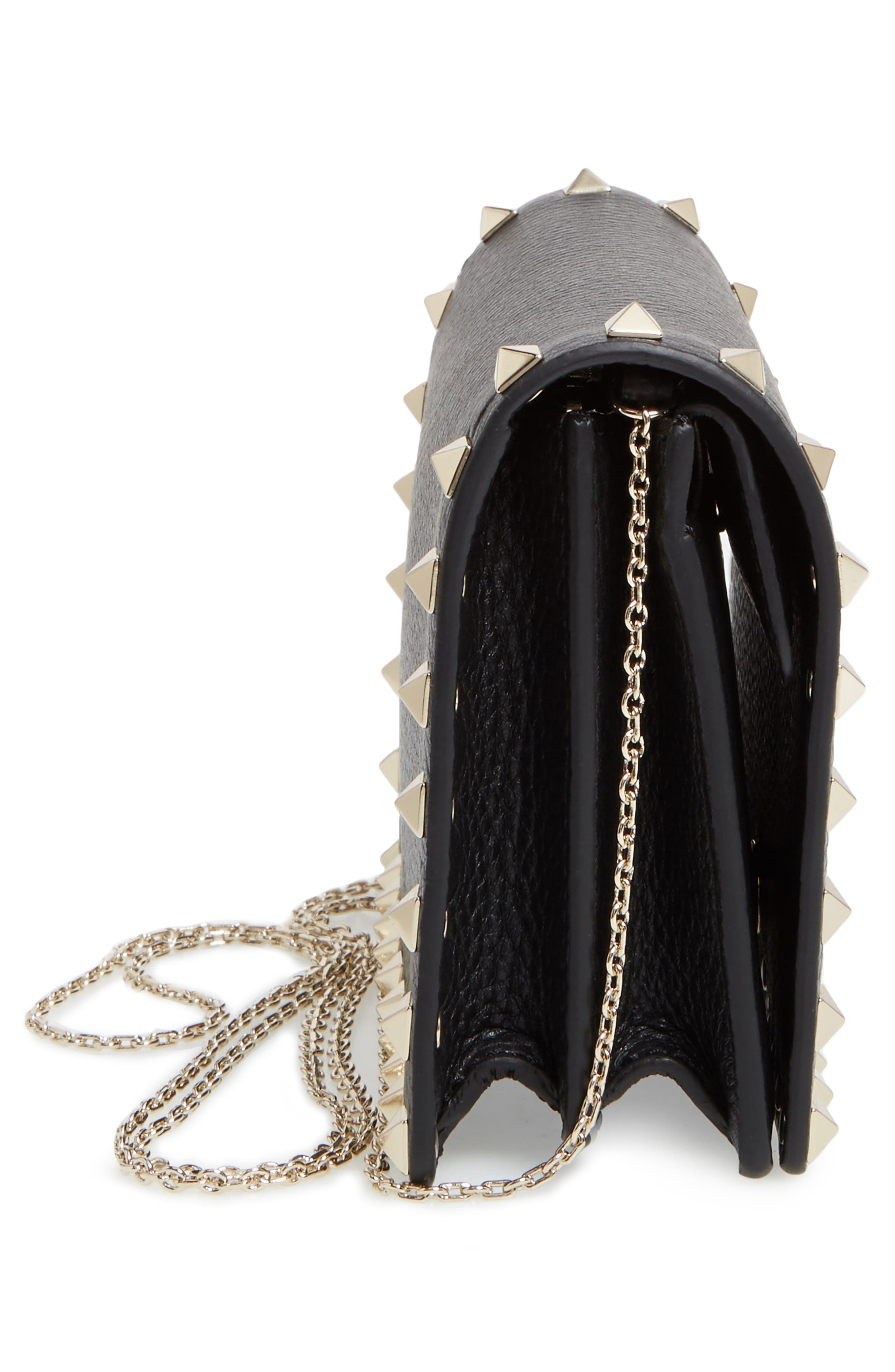 Rockstud Leather Wallet on a Chain, Alternate, color, BLACK