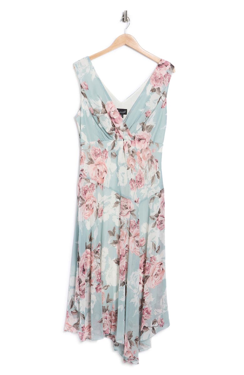 Connected Apparel Floral Asymmetric Hem Dress, Main, color, Sage