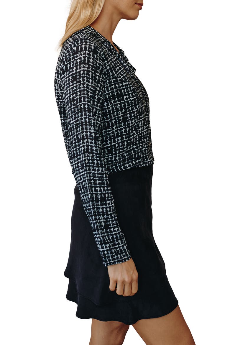 Ruffled Long Sleeve Rayon Top, Alternate, color, GRID PRINT