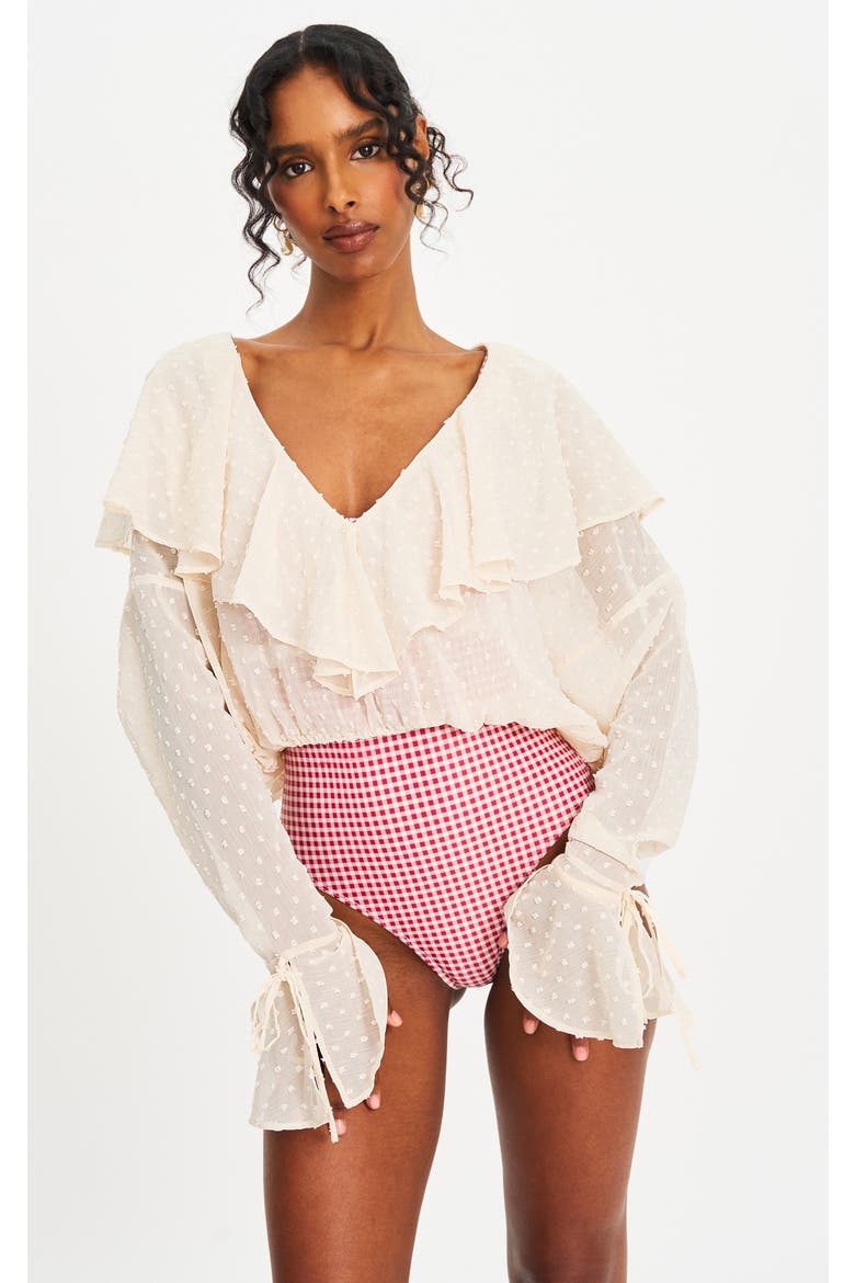 Magali Dotted Mesh Ruffle V Collar Top, Main, color, Beige